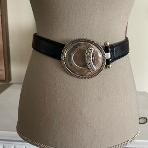 White House Black Market Adjustable Leather Belt with Silver Hammered Buckle